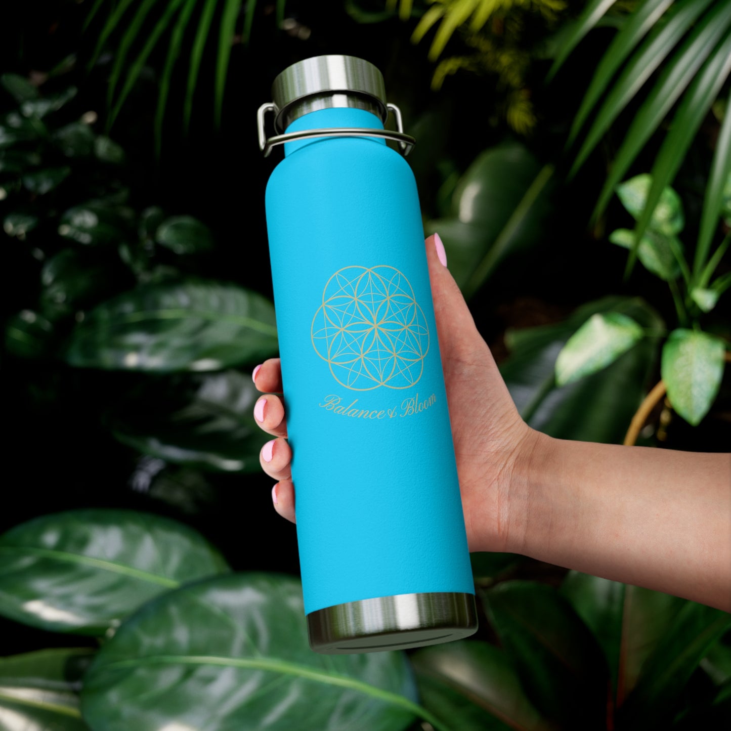 Water Bottle - Flower of Life Design with Balance and Bloom - 22oz