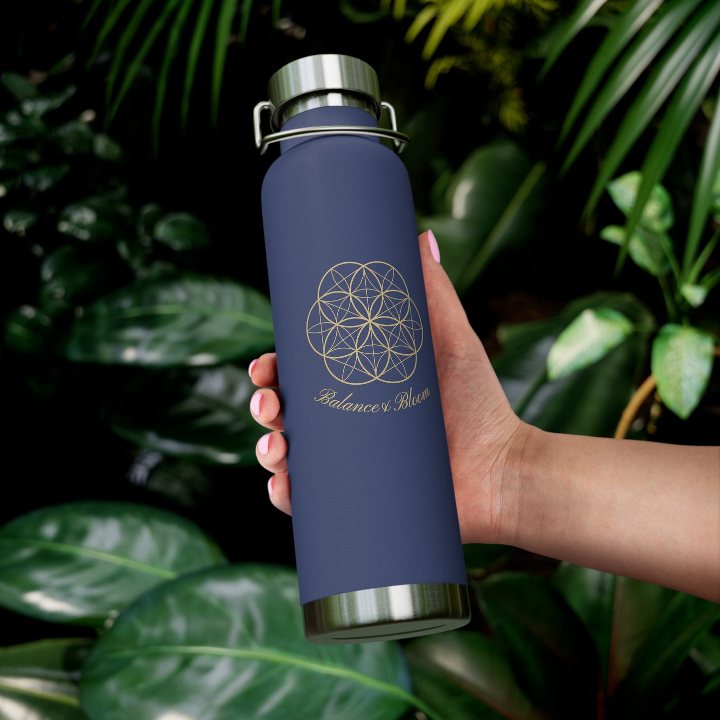Water Bottle - Flower of Life Design with Balance and Bloom - 22oz
