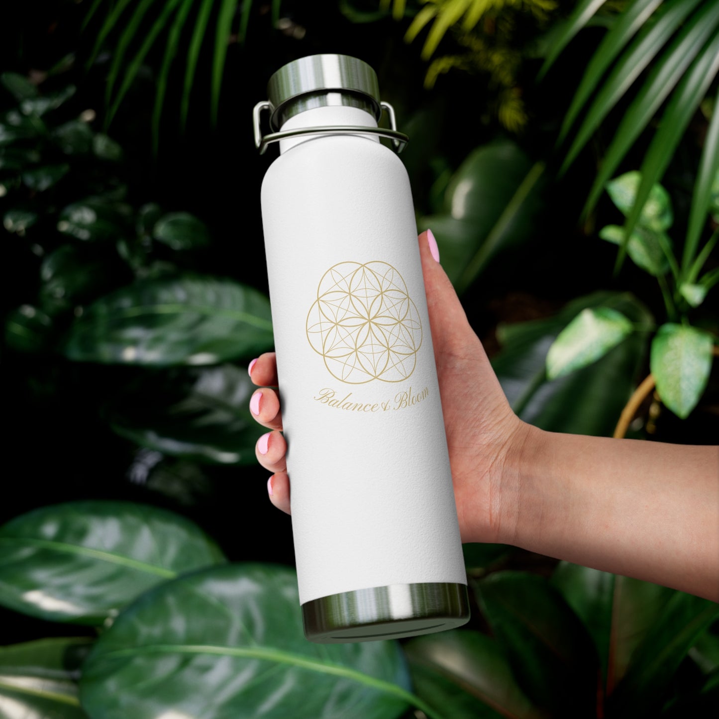Water Bottle - Flower of Life Design with Balance and Bloom - 22oz