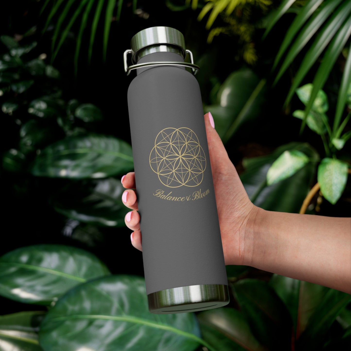 Water Bottle - Flower of Life Design with Balance and Bloom - 22oz