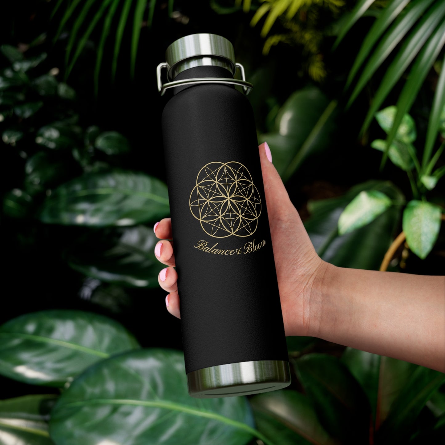 Water Bottle - Flower of Life Design with Balance and Bloom - 22oz