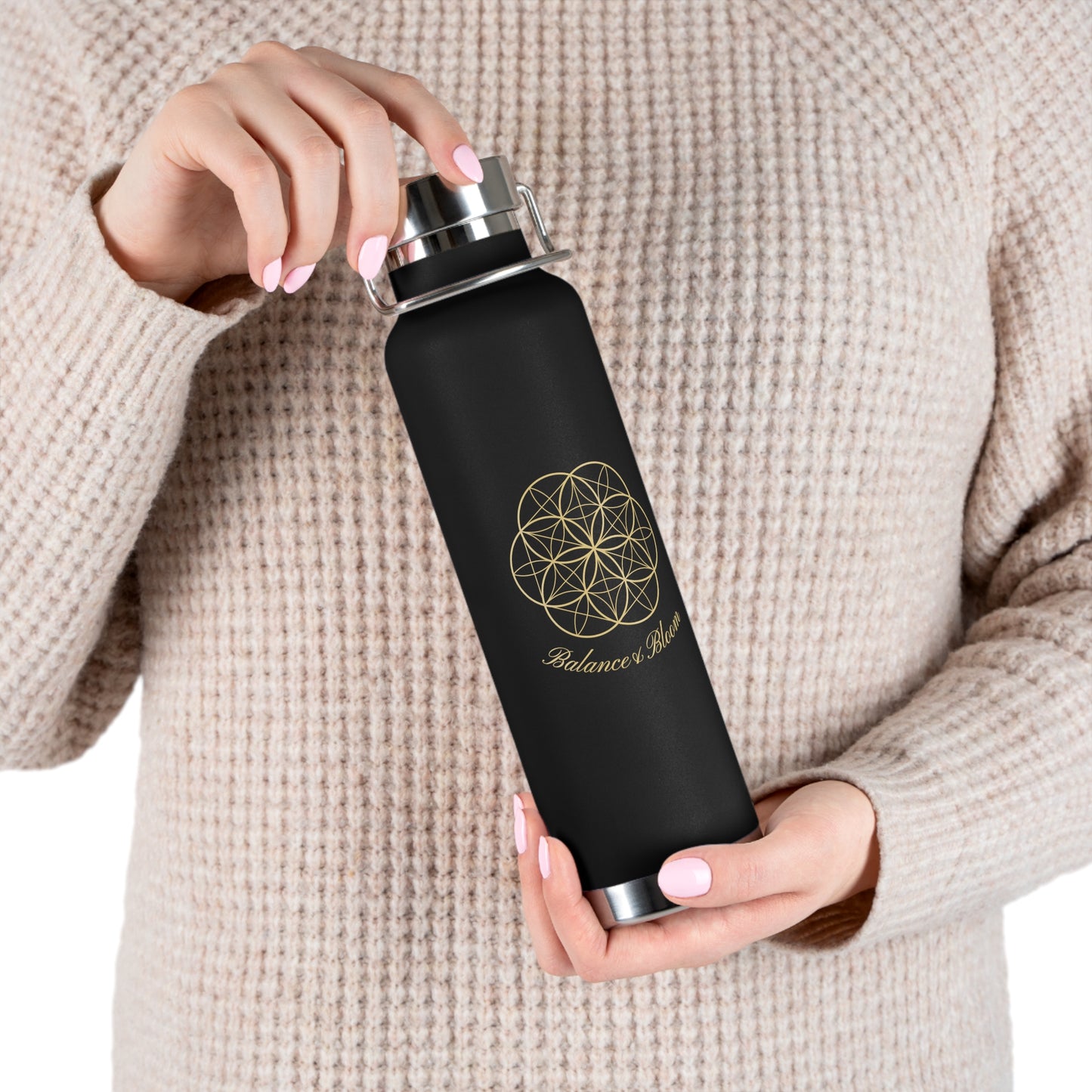 Water Bottle - Flower of Life Design with Balance and Bloom - 22oz